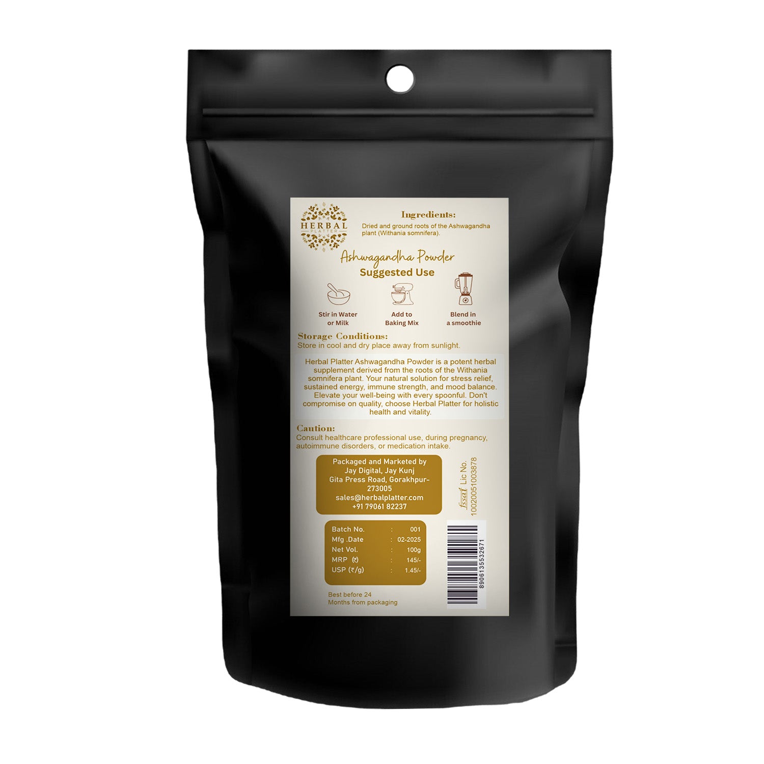 Ashwagandha Powder 100g | for Weight Loss, Anti-Aging, Immunity, Skin and Hair Care, Stress Relief, 100% Pure Herbal Supplement