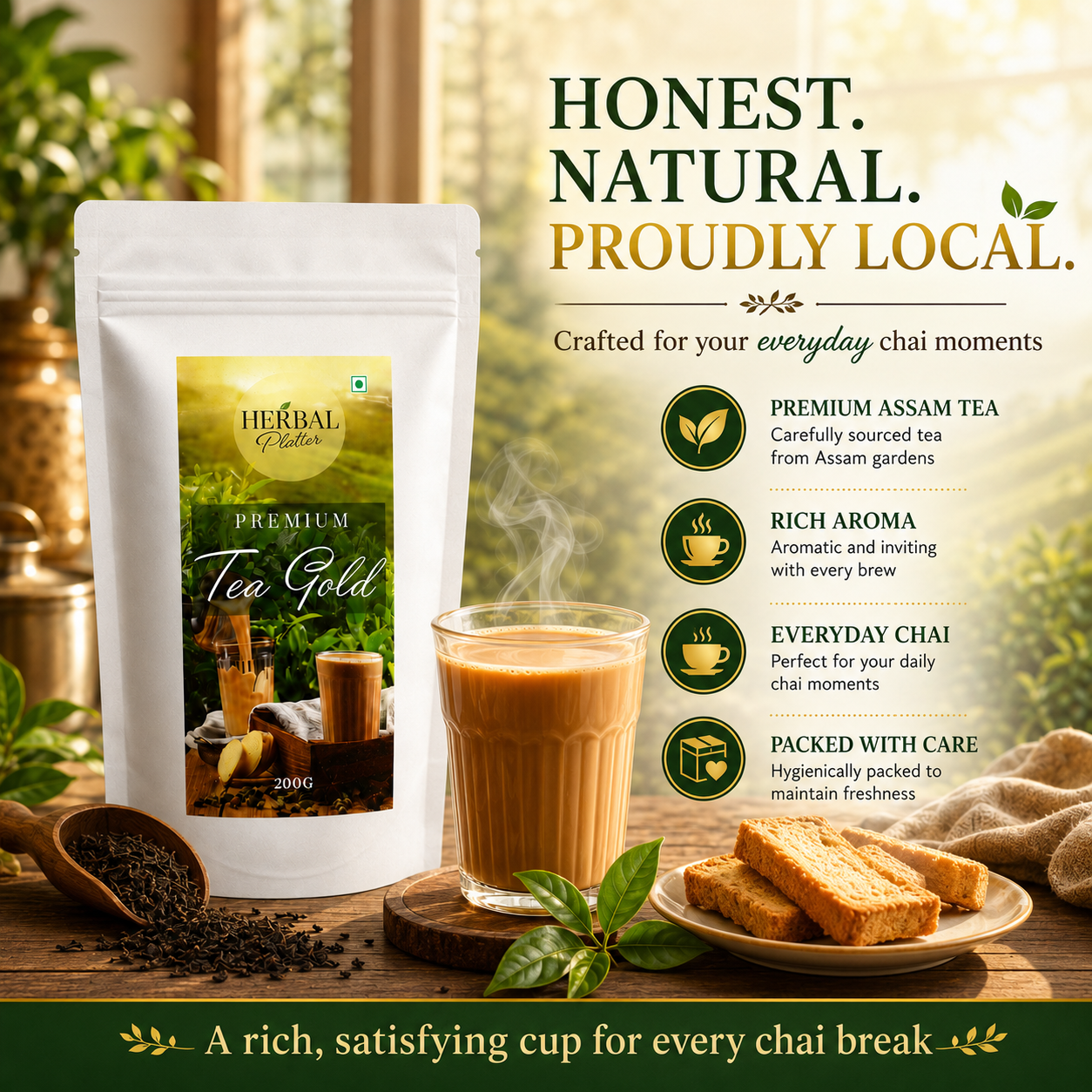 Herbal Platter Tea Gold – Premium Assam Chai Patti | Rich Aroma & Full-Bodied Taste | 100% Natural Tea |
