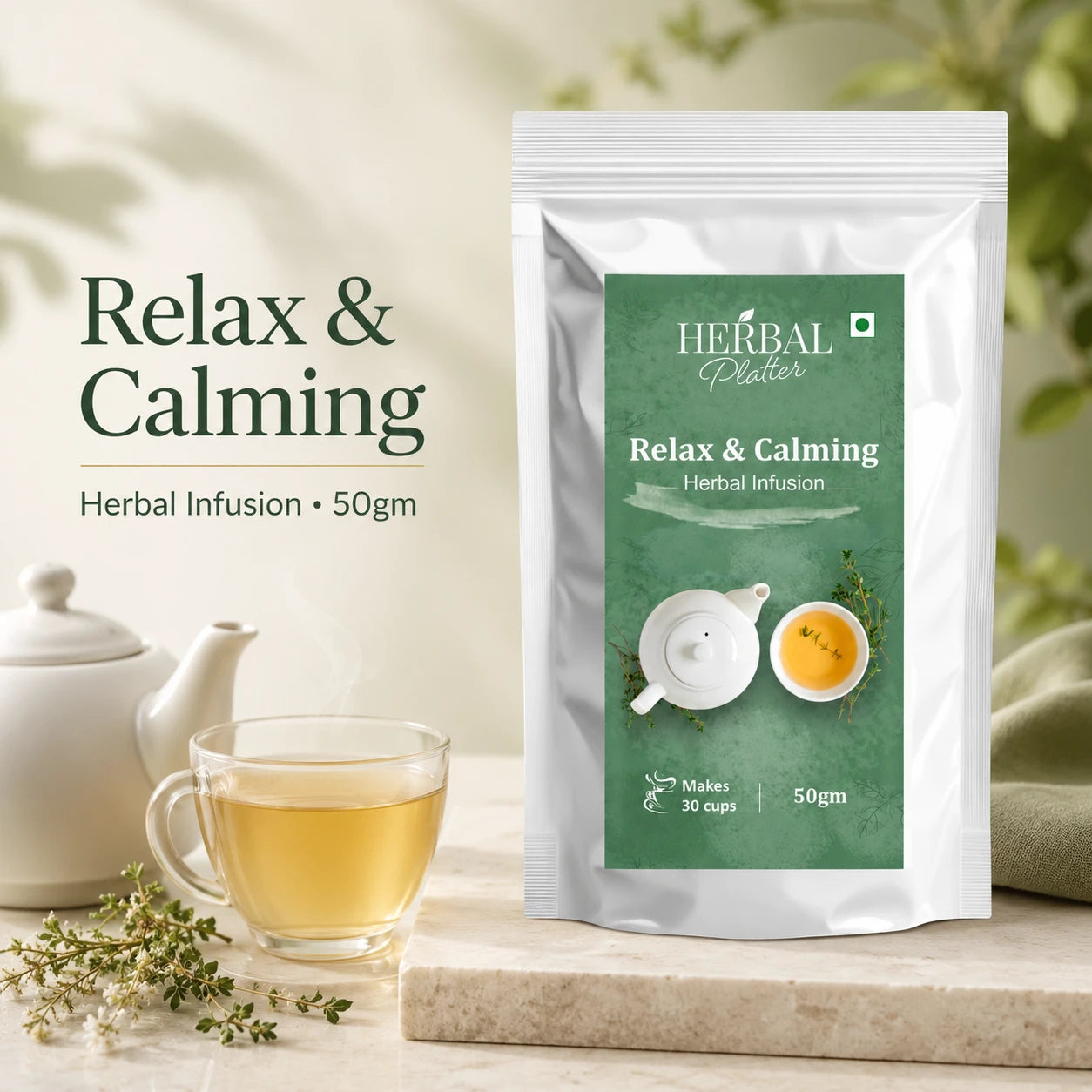 Relax Calming Herbal Infusion | 50gm in Standup Pouch | 29+ cups