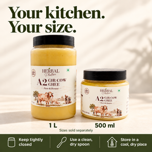 Herbal Platter A2 Gir Cow Ghee 500 ml and 1 L sizes and storage guidance
