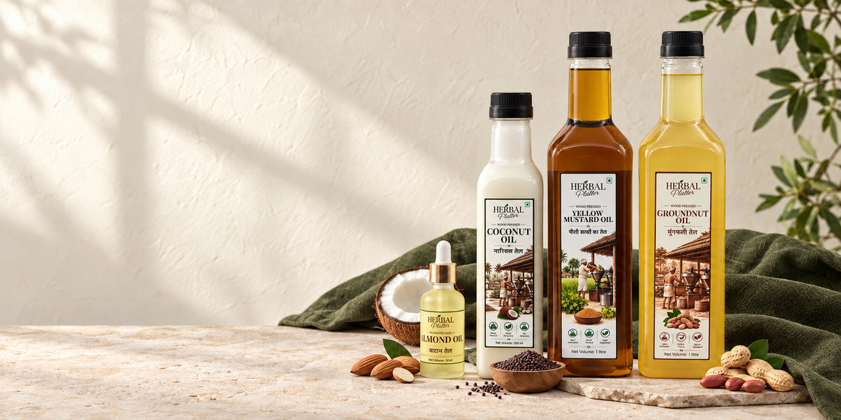 Herbal Platter wood-pressed groundnut, mustard, coconut and almond oils