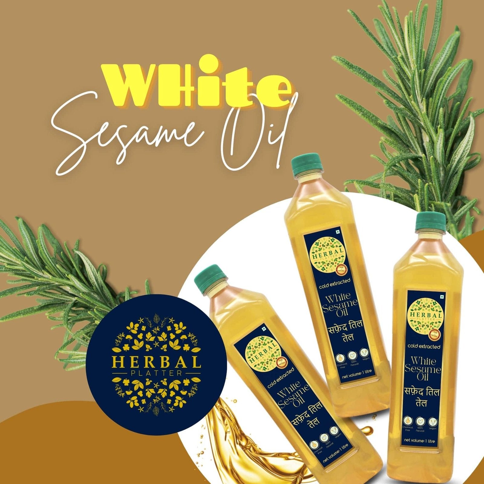 Cold Pressed White Sesame | Gingelly Oil for Cooking 1Ltr | Safed Til Ka Tel |  Kachi Ghani Oil