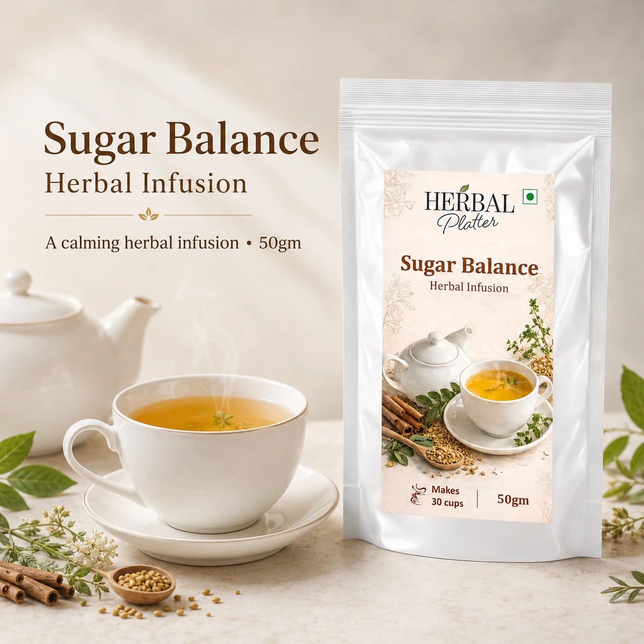 Sugar Balance Herbal Infusion | 50gm in Standup Pouch | 29+ cups