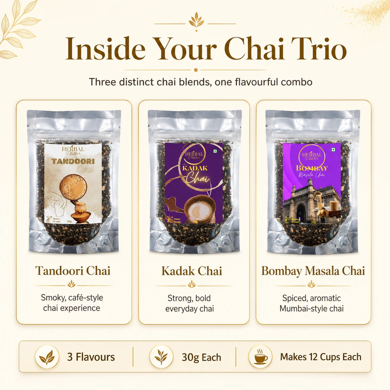 Combo Pack Tea – Tandoori Chai | Bombay Masala Chai | Kadak Chai | (3 x 30g)