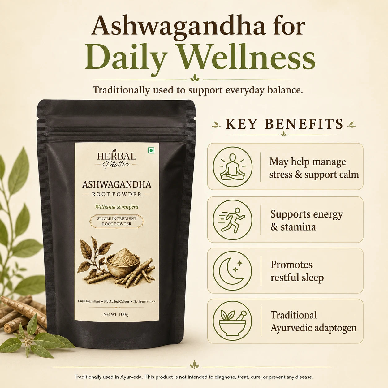 Ashwagandha Root Powder | Single-Ingredient Herbal Powder | 100g