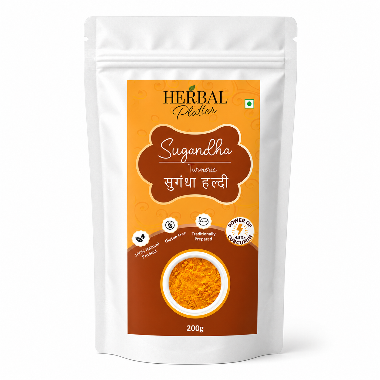Premium Sugandha Turmeric Powder | 4.5%+ Curcumin Content| Pure Haldi Powder | Nagpur Origin| Lab Tested| High Oil Content| 200g Stand-up Pouch