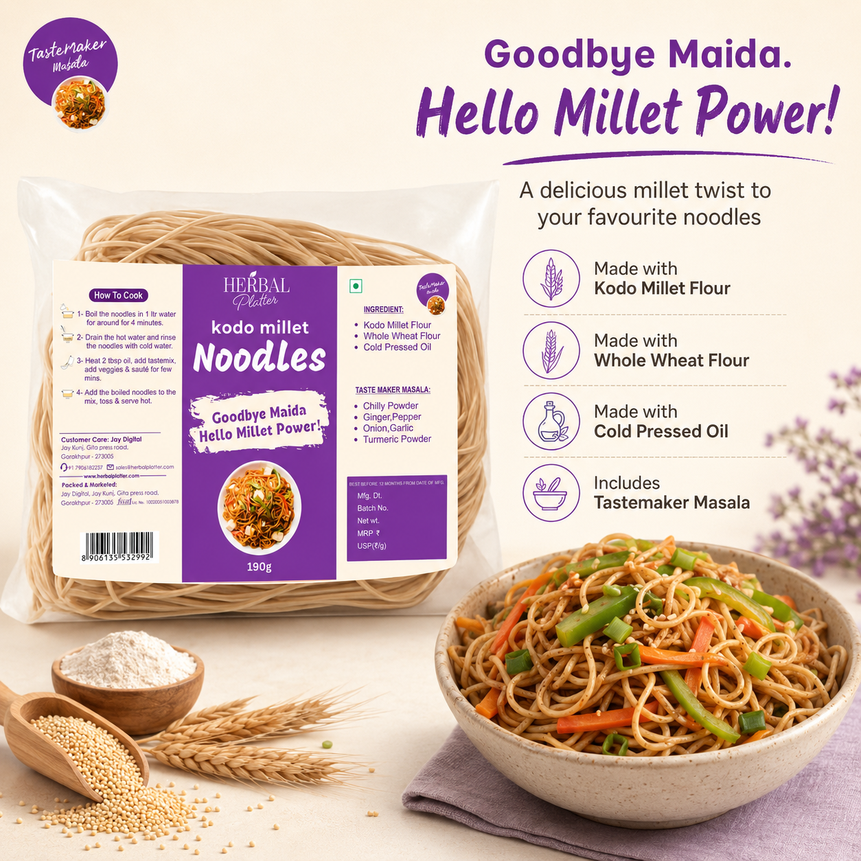 Kodo Millet Noodles | Healthy Noodles, No Maida, No MSG Not Fried | 190g
