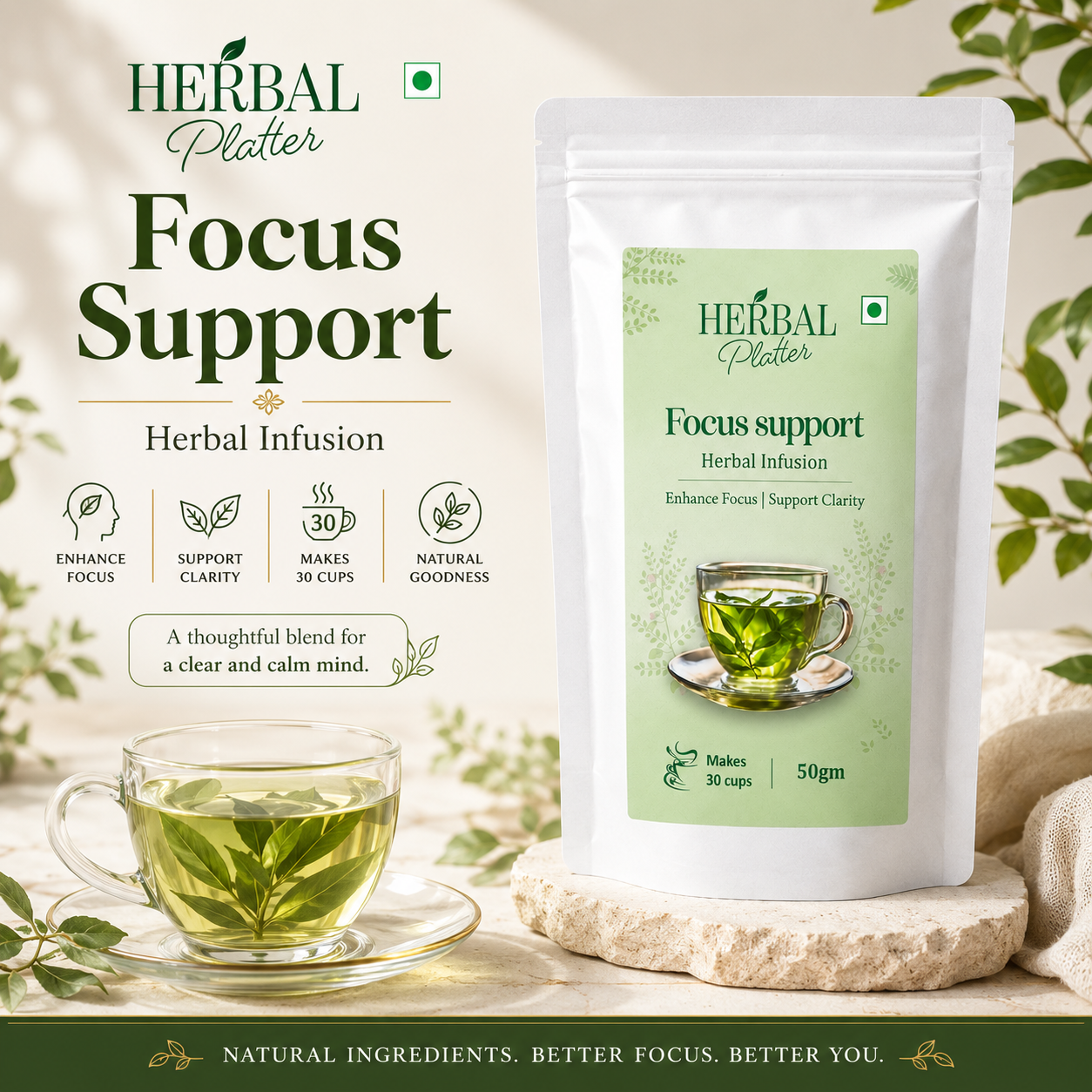 Focus Support Herbal Infusion | 50gm in Standup Pouch | 29+ cups
