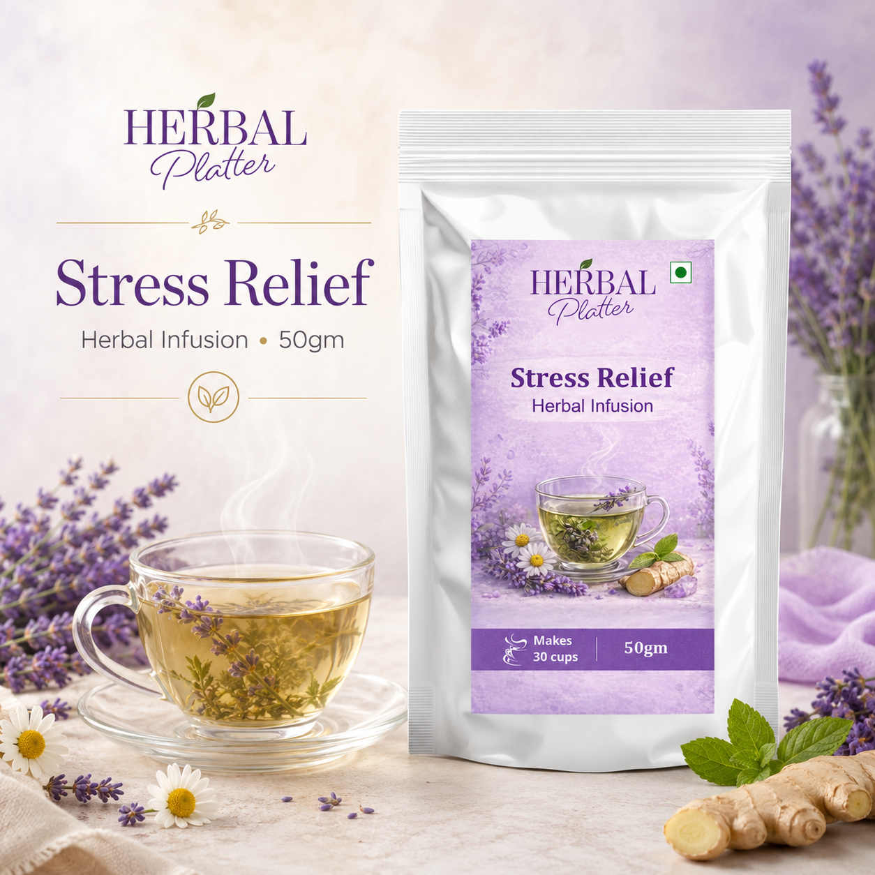 Stress Relief Herbal Infusion | 50gm in Standup Pouch | 29+ cups