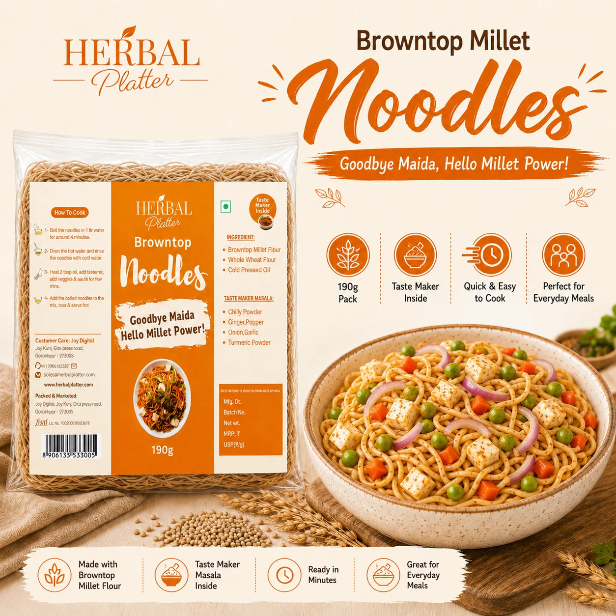 Brown Top Millet Noodles | Healthy , No Maida, No MSG Not Fried | 190g