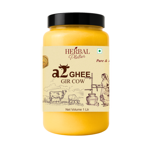 Jar of a2 Ghee with 'Herbal Platter' branding on a white background