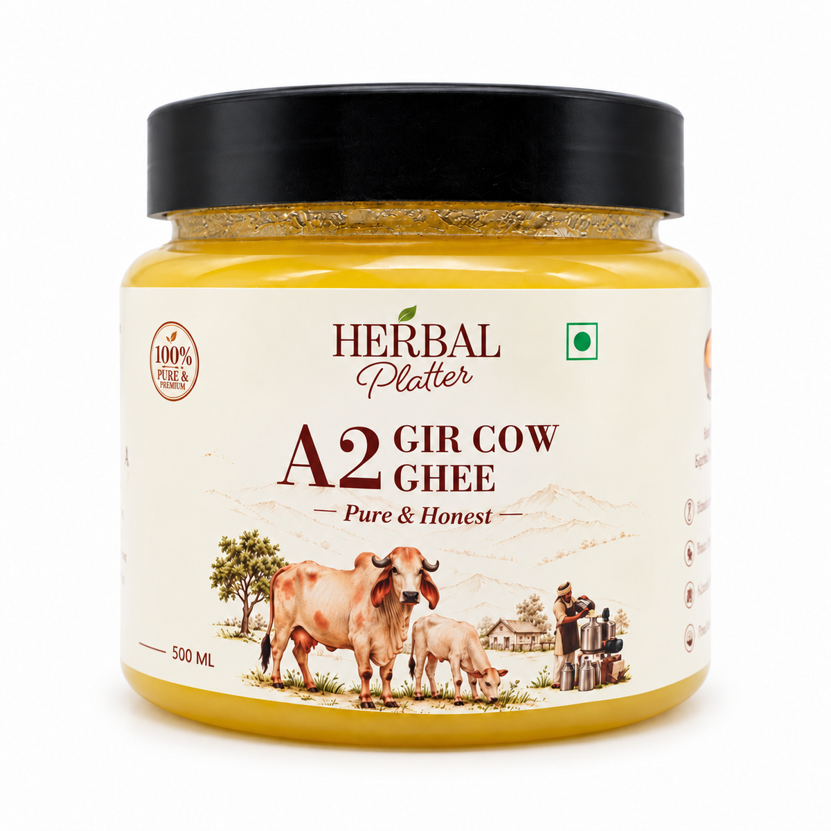 Herbal Platter A2 Gir Cow Ghee 500 ml jar on a white background