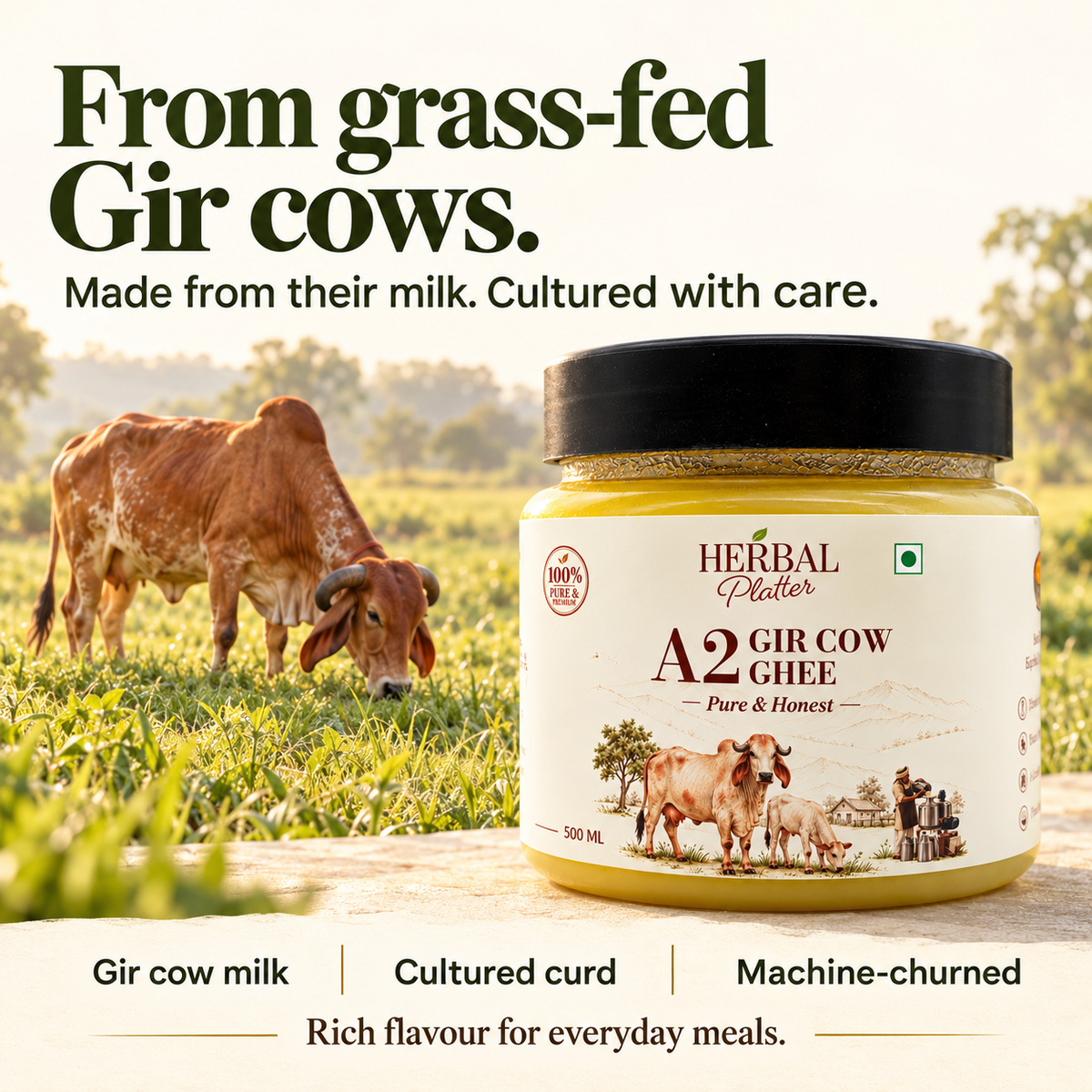 Herbal Platter A2 Gir Cow Ghee made from grass-fed Gir cow milk