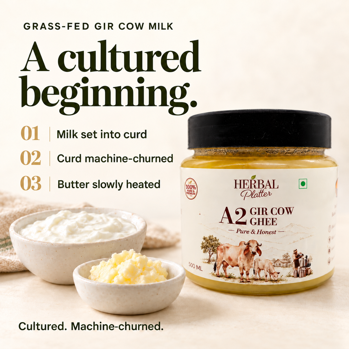 Herbal Platter Gir Cow Ghee cultured-curd and machine-churned preparation