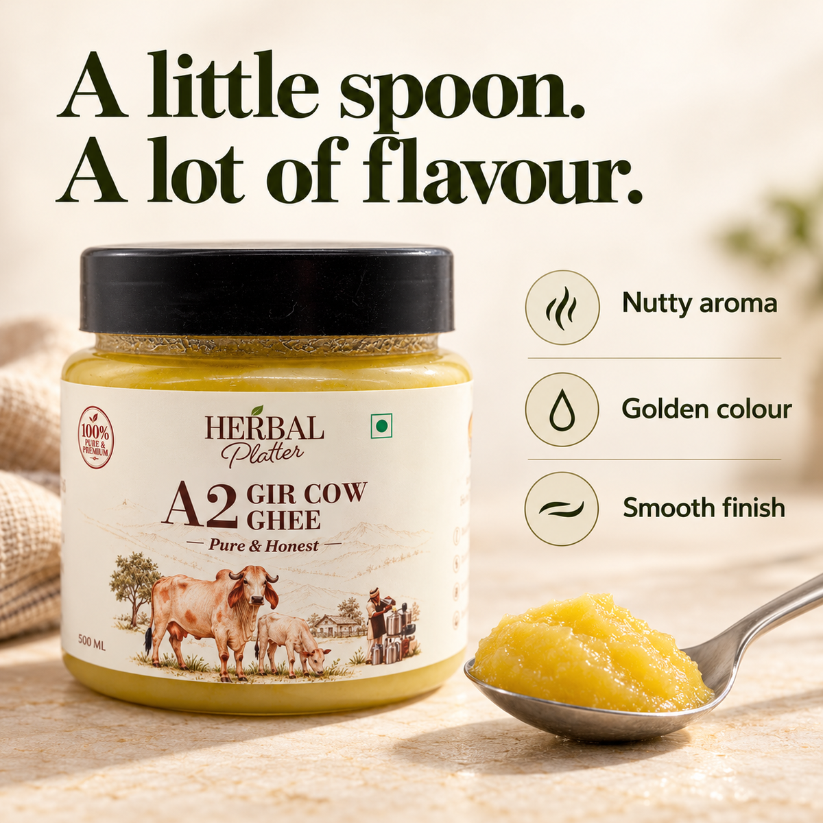 A2 Gir Cow Ghee with nutty aroma, golden colour and smooth finish