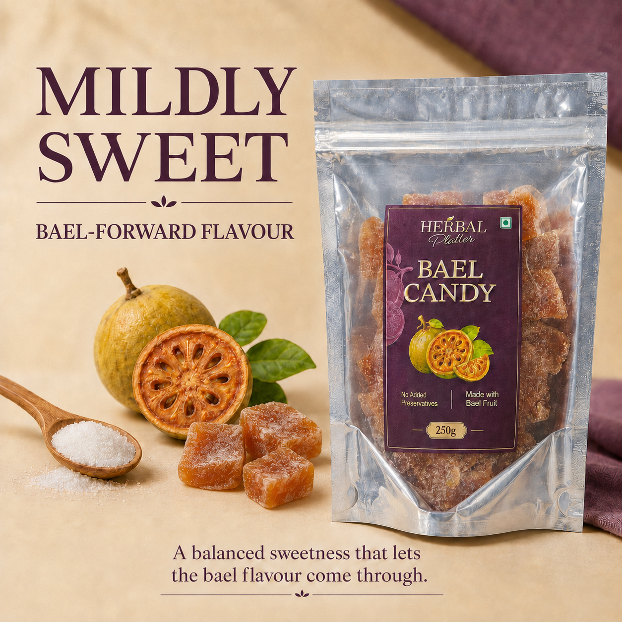 Herbal Platter Bael Candy with realistic amber-orange candy pieces