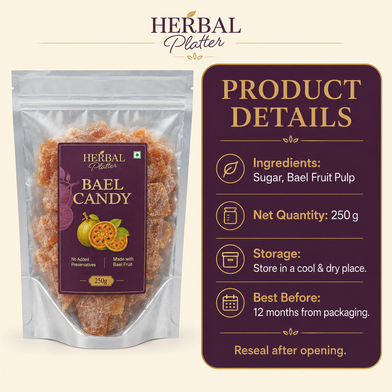 Bael Candy ingredients storage and product details