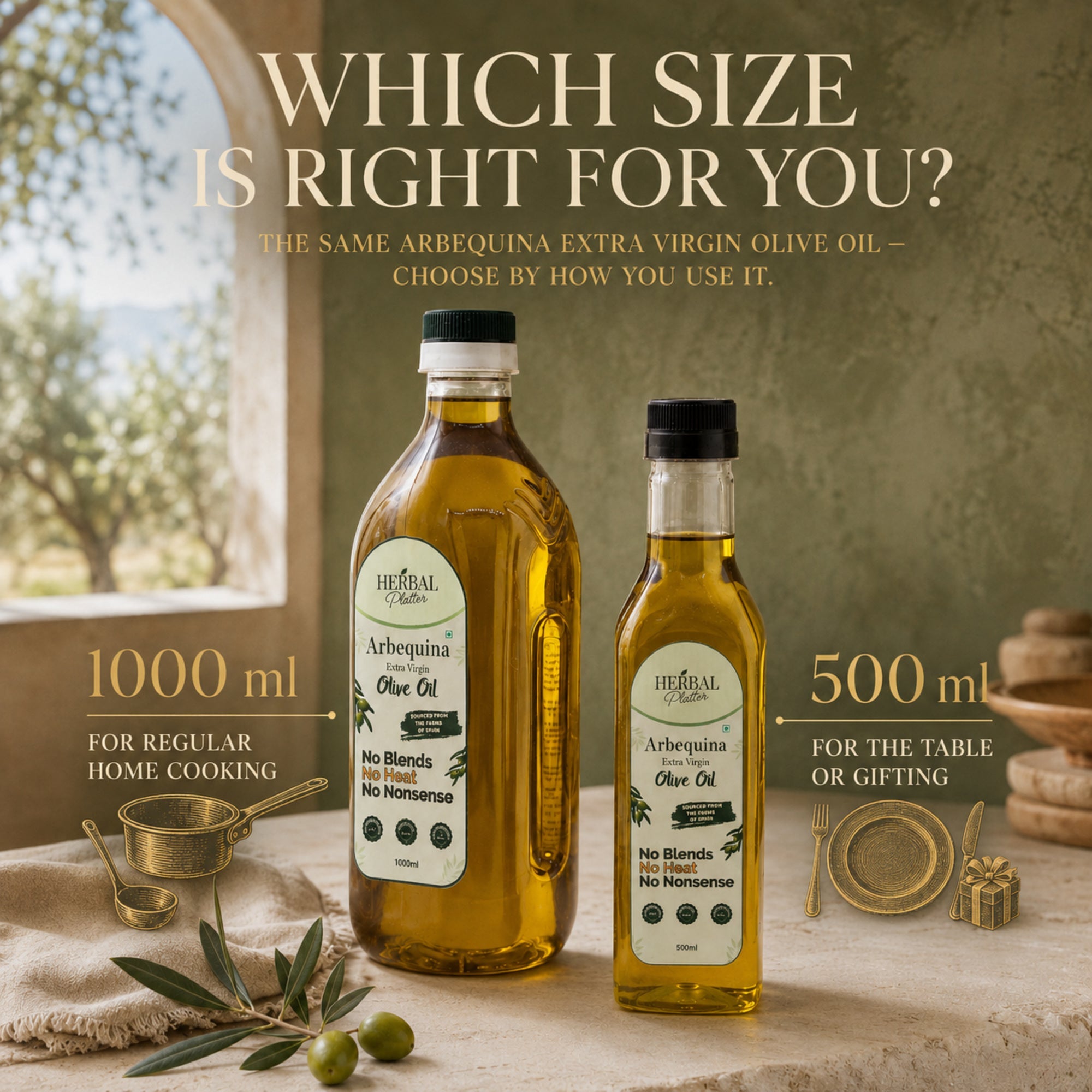 Herbal Platter Arbequina EVOO 1000 ml and 500 ml size guide