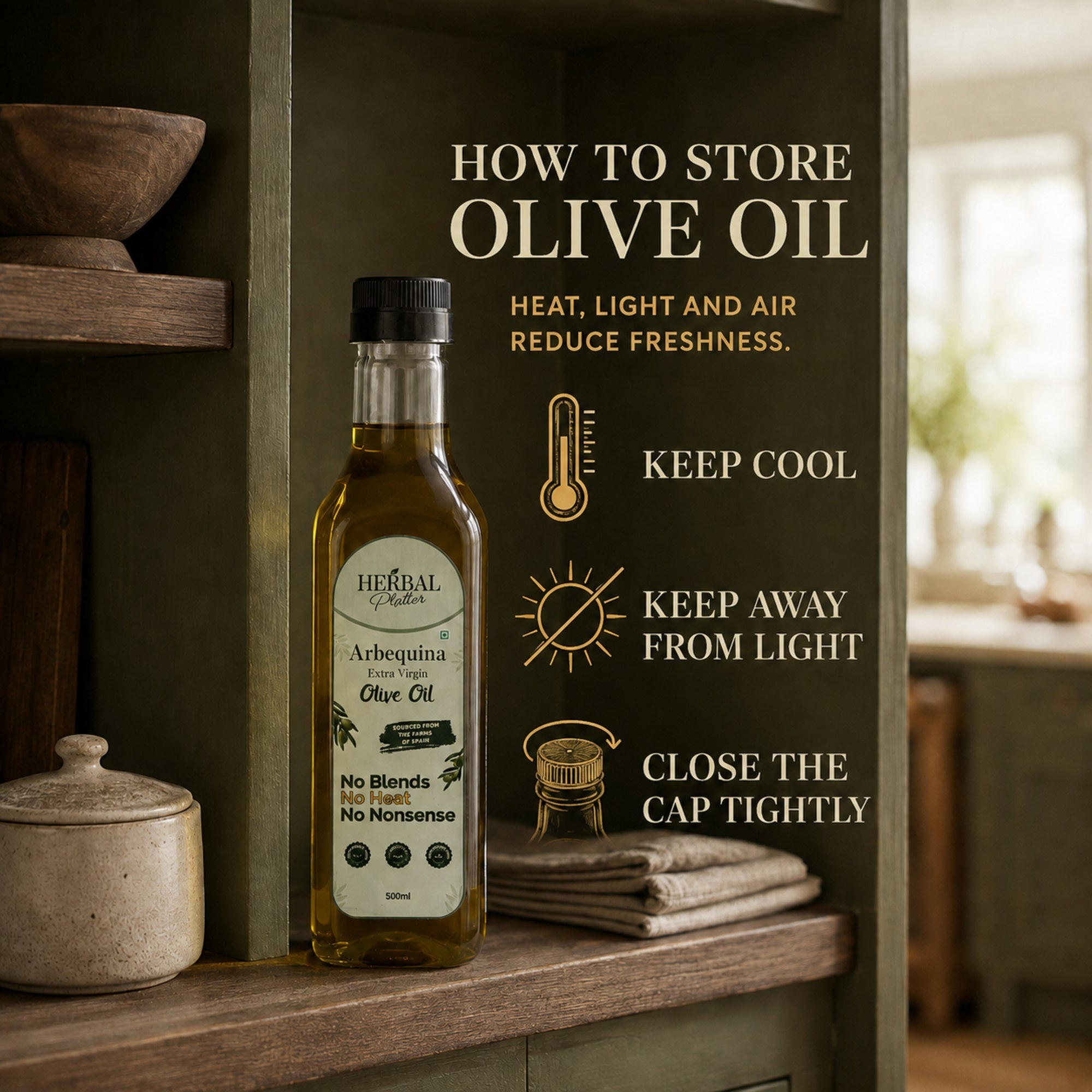 How to store extra virgin olive oil away from heat light and air