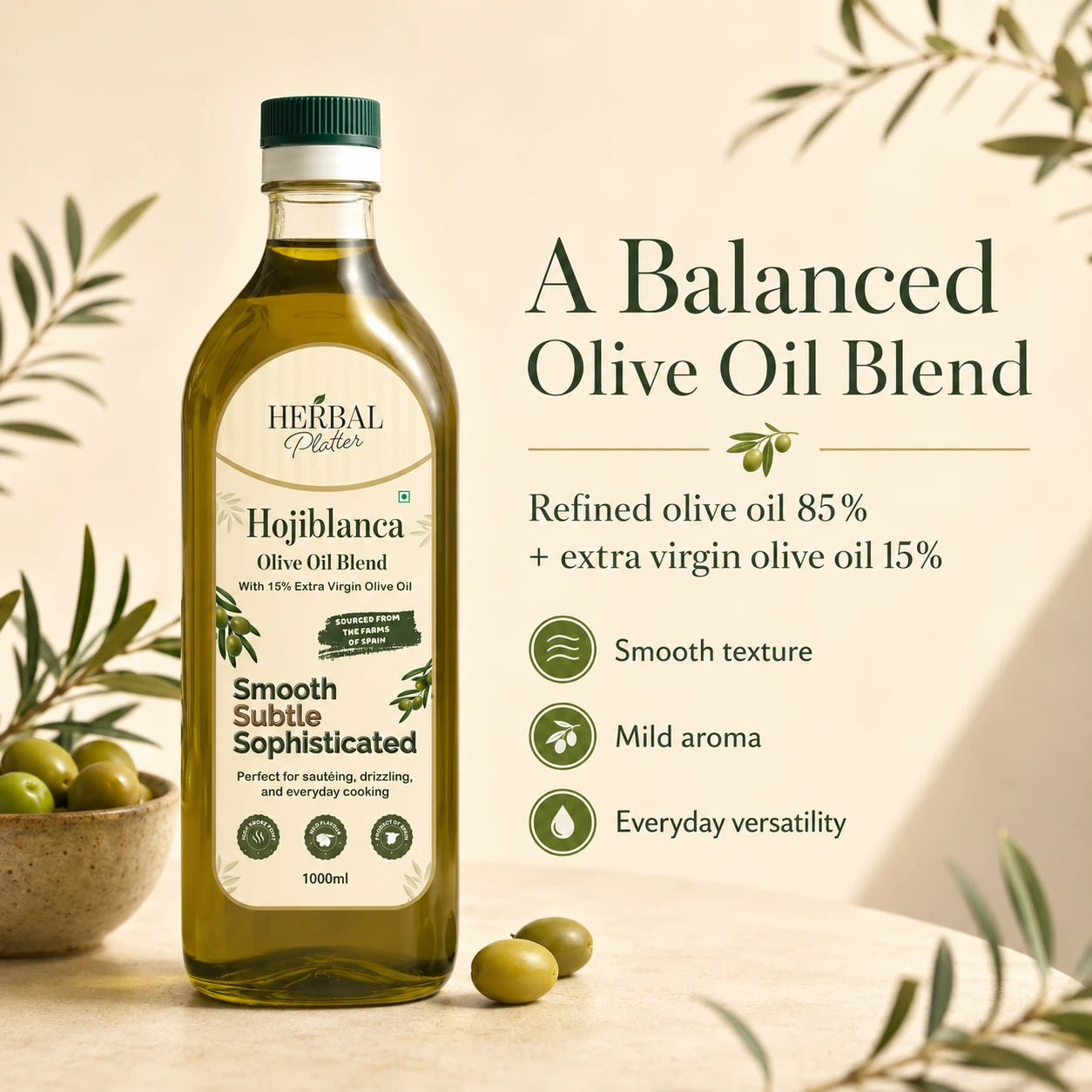 Hojiblanca Olive Oil Blend | 15% Extra Virgin + 85% Refined | Spanish