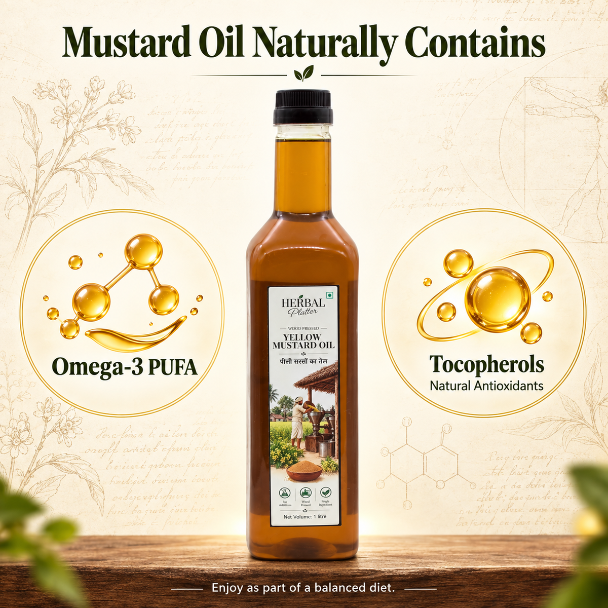 Mustard oil naturally contains Omega-3 PUFA and tocopherols